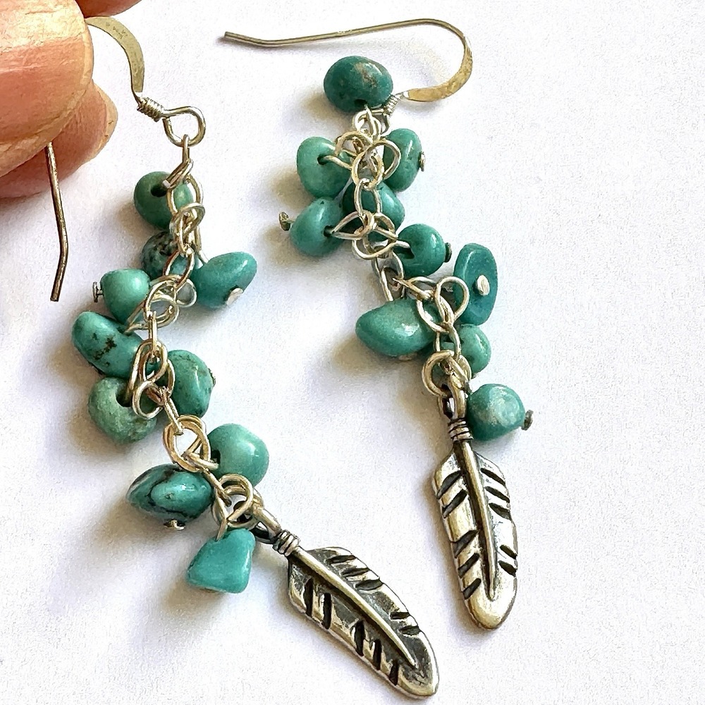Navajo Turquoise Feather Earrings 2.5in Long Hook Dangle Sterling 925 Cha-cha